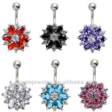 Stainless Rhinestone Flower CZ Belly Navel Button Bar Ring Piercing BER-007